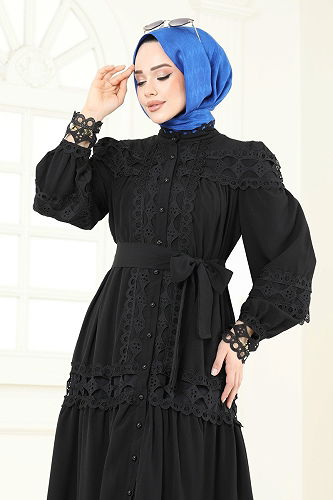 moda selvim SUAL Güpür Detay Krep Elbise 42110JNF844 Siyah - Thumbnail