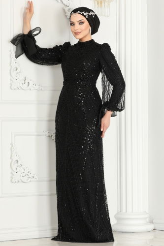 moda selvim SUAL Intense Stone Embroidered Tulle Evening Dress 3056IPD866 Black - Thumbnail