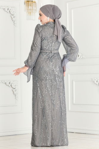 moda selvim SUAL Intense Stone Embroidered Tulle Evening Dress 3056IPD866 Gray - Thumbnail