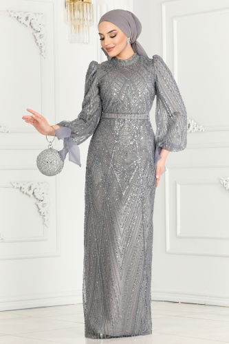 moda selvim SUAL Intense Stone Embroidered Tulle Evening Dress 3056IPD866 Gray - Thumbnail