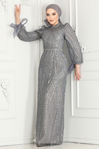 moda selvim SUAL Intense Stone Embroidered Tulle Evening Dress 3056IPD866 Gray - Thumbnail