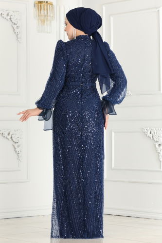 moda selvim SUAL Intense Stone Embroidered Tulle Evening Dress 3056IPD866 Navy Blue - Thumbnail