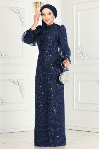 moda selvim SUAL Intense Stone Embroidered Tulle Evening Dress 3056IPD866 Navy Blue - Thumbnail