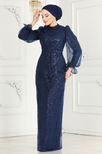 moda selvim SUAL Intense Stone Embroidered Tulle Evening Dress 3056IPD866 Navy Blue - Thumbnail