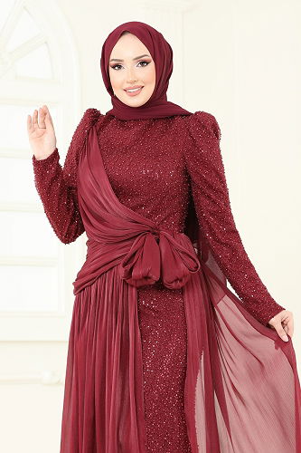 moda selvim SUAL İşlemeli Kuyruk Detay Abiye 5076D170 Bordo - Thumbnail