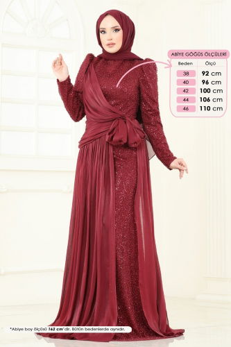 moda selvim SUAL İşlemeli Kuyruk Detay Abiye 5076D170 Bordo - Thumbnail