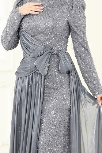 moda selvim SUAL İşlemeli Kuyruk Detay Abiye 5076D170 Gri - Thumbnail