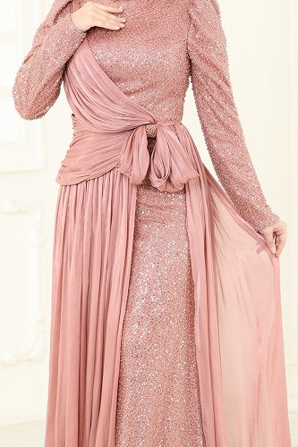 moda selvim SUAL İşlemeli Kuyruk Detay Abiye 5076D170 Gül Kurusu - Thumbnail