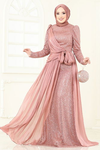 moda selvim SUAL İşlemeli Kuyruk Detay Abiye 5076D170 Gül Kurusu - Thumbnail