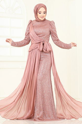 moda selvim SUAL İşlemeli Kuyruk Detay Abiye 5076D170 Gül Kurusu - Thumbnail