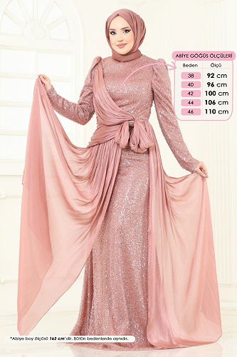 moda selvim SUAL İşlemeli Kuyruk Detay Abiye 5076D170 Gül Kurusu - Thumbnail