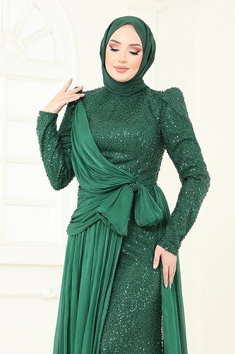 moda selvim SUAL İşlemeli Kuyruk Detay Abiye 5076D170 Zümrüt - Thumbnail