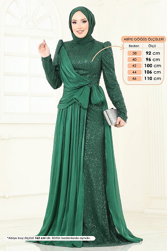 moda selvim SUAL İşlemeli Kuyruk Detay Abiye 5076D170 Zümrüt - Thumbnail