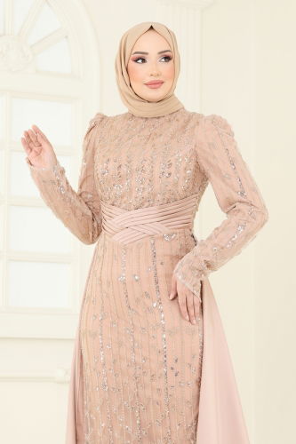 moda selvim SUAL İşlemeli Pelerin Abiye 4909D170 Gold - Thumbnail