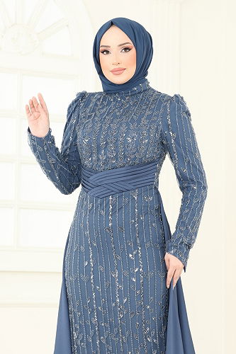 moda selvim SUAL İşlemeli Pelerin Abiye 4909D170 İndigo - Thumbnail