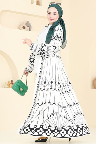 moda selvim SUAL Kaplama Kemerli Elbise 42129JNF844 Ekru - Thumbnail