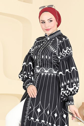 moda selvim SUAL Kaplama Kemerli Elbise 42129JNF844 Siyah - Thumbnail