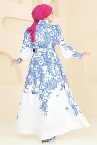 moda selvim SUAL Kaplama Kemerli Elbise 4220JNF844 Saks - Thumbnail