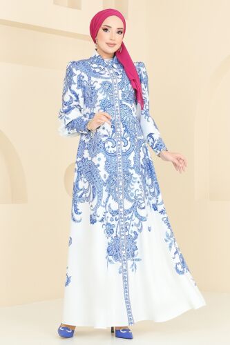 moda selvim SUAL Kaplama Kemerli Elbise 4220JNF844 Saks - Thumbnail