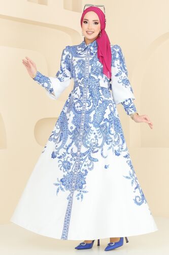moda selvim SUAL Kaplama Kemerli Elbise 4220JNF844 Saks - Thumbnail