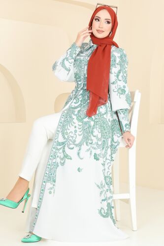 moda selvim SUAL Kaplama Kemerli Elbise 4220JNF844 Yeşil - Thumbnail