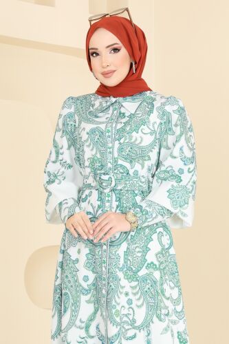 moda selvim SUAL Kaplama Kemerli Elbise 4220JNF844 Yeşil - Thumbnail
