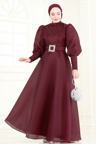 SUAL Kemeri Taşlı Organze Abiye 2003LPN858 Bordo - 1