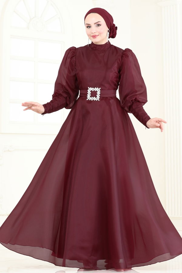 SUAL Kemeri Taşlı Organze Abiye 2003LPN858 Bordo - 2