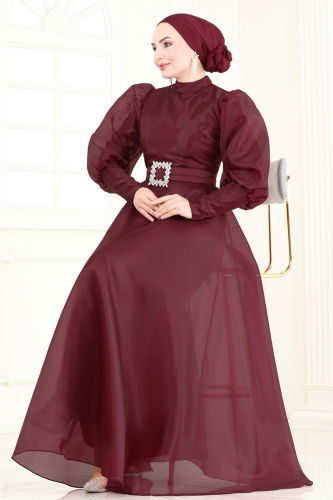 SUAL Kemeri Taşlı Organze Abiye 2003LPN858 Bordo - 3