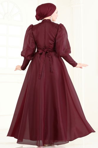 SUAL Kemeri Taşlı Organze Abiye 2003LPN858 Bordo - 5