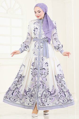 moda selvim SUAL Kemerli Desenli Elbise 4231JNF844 Lila - Thumbnail