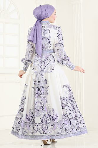 moda selvim SUAL Kemerli Desenli Elbise 4231JNF844 Lila - Thumbnail