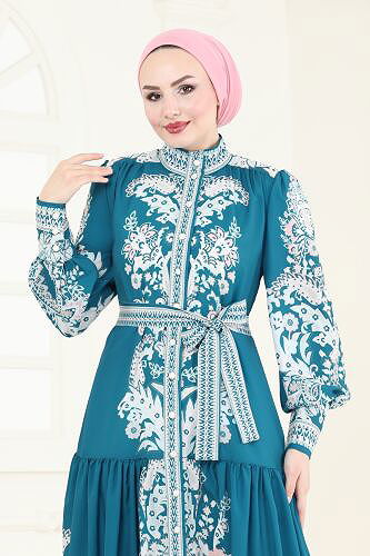 moda selvim SUAL Kemerli Desenli Elbise 4231JNF844 Petrol - Thumbnail
