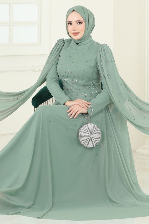 Modaselvim SUAL SUAL Kolları Pelerinli Abiye 5117D170 Açık Mint