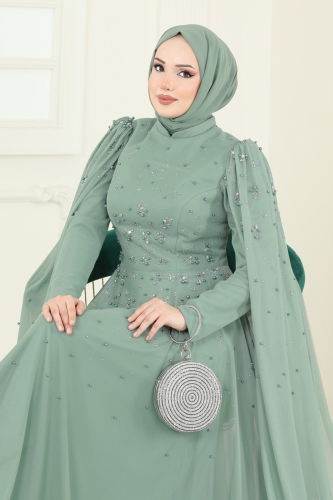 moda selvim SUAL Kolları Pelerinli Abiye 5117D170 Açık Mint - Thumbnail