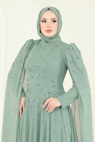 moda selvim SUAL Kolları Pelerinli Abiye 5117D170 Açık Mint - Thumbnail