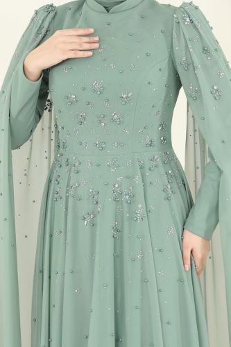 moda selvim SUAL Kolları Pelerinli Abiye 5117D170 Açık Mint - Thumbnail