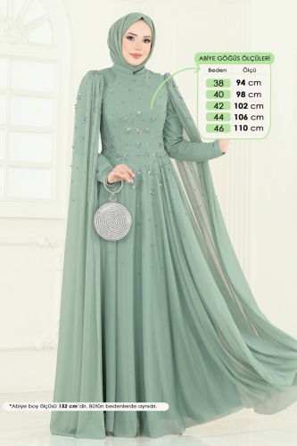 moda selvim SUAL Kolları Pelerinli Abiye 5117D170 Açık Mint - Thumbnail