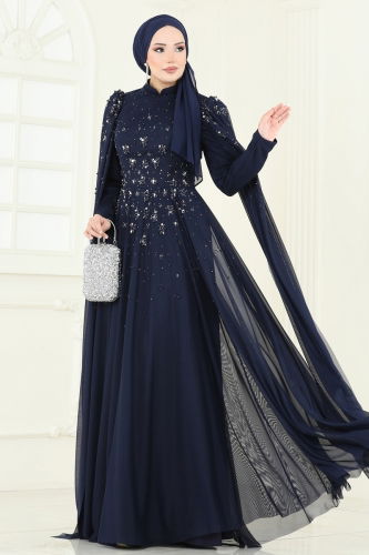moda selvim SUAL Kolları Pelerinli Abiye 5117D170 Laci - Thumbnail