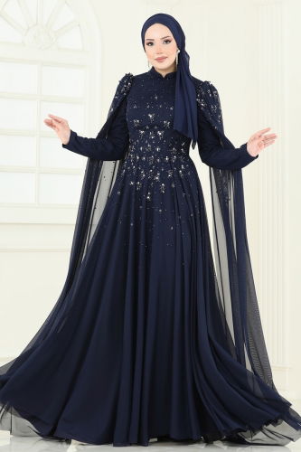 moda selvim SUAL Kolları Pelerinli Abiye 5117D170 Laci - Thumbnail