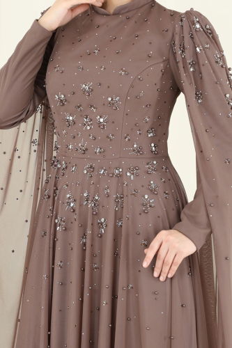 moda selvim SUAL Kolları Pelerinli Abiye 5117D170 Pudra Vizyon - Thumbnail