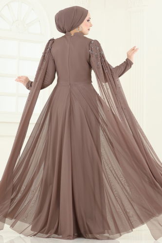 moda selvim SUAL Kolları Pelerinli Abiye 5117D170 Pudra Vizyon - Thumbnail