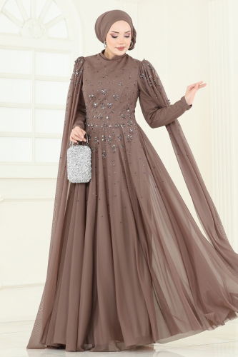 moda selvim SUAL Kolları Pelerinli Abiye 5117D170 Pudra Vizyon - Thumbnail