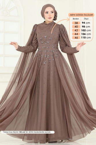 moda selvim SUAL Kolları Pelerinli Abiye 5117D170 Pudra Vizyon - Thumbnail