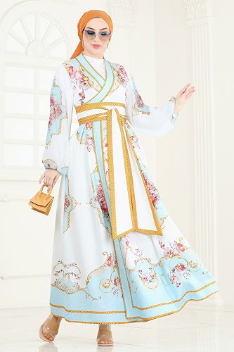 moda selvim SUAL Kruvaze Yaka Atlas Elbise 42149JNF844 Ekru - Thumbnail