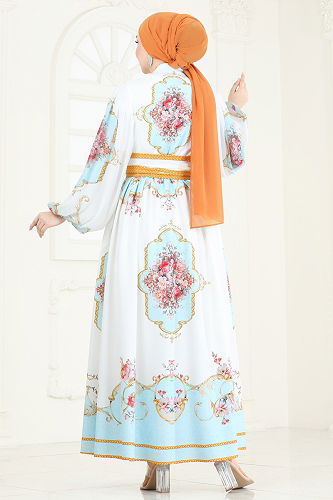 moda selvim SUAL Kruvaze Yaka Atlas Elbise 42149JNF844 Ekru - Thumbnail