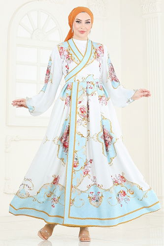 moda selvim SUAL Kruvaze Yaka Atlas Elbise 42149JNF844 Ekru - Thumbnail