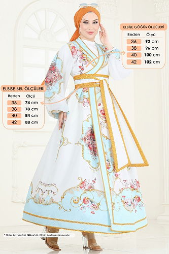 moda selvim SUAL Kruvaze Yaka Atlas Elbise 42149JNF844 Ekru - Thumbnail