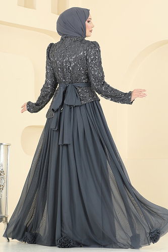 moda selvim SUAL Kuşak Detaylı Abiye 5452DMNK1166 Antrasit - Thumbnail