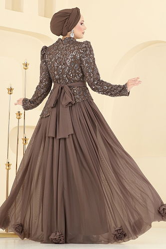 moda selvim SUAL Kuşak Detaylı Abiye 5452DMNK1166 Pudra Vizyon - Thumbnail